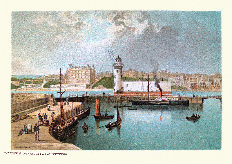 19世纪北约克郡斯卡伯勒港和灯塔的复古插图