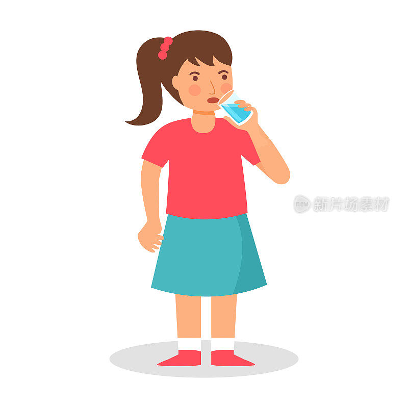 在白色背景的平面设计中，女孩在喝水。多喝水，身体好。