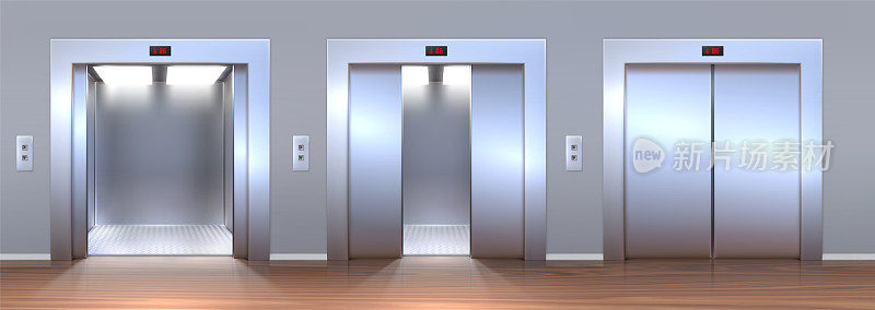 逼真的大堂内部与电梯打开和关闭的门。空荡荡的办公室走廊里有金属电梯。客货电梯矢量集
