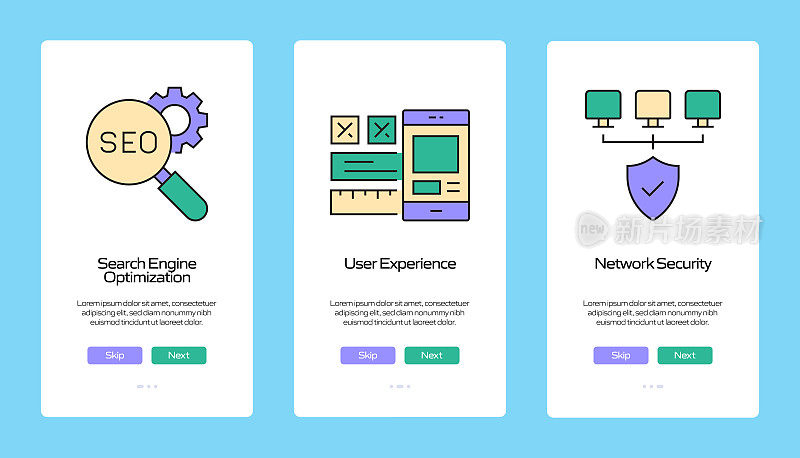 搜索引擎优化概念在移动应用页面屏幕上的扁平图标。用户体验，UI设计模板矢量插图