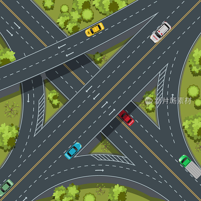 鸟瞰公路交叉口、十字路口、立交和高速公路的重要基础设施，矢量说明