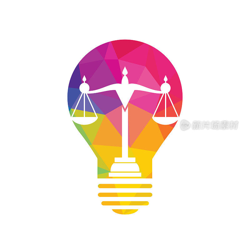 正义的灯泡和比例标识设计。教育、法律服务标志。公证员、司法、律师图标或矢量符号