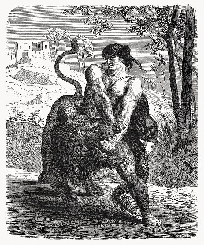 《参孙与狮子》(法官14)，木版画，出版于1862年