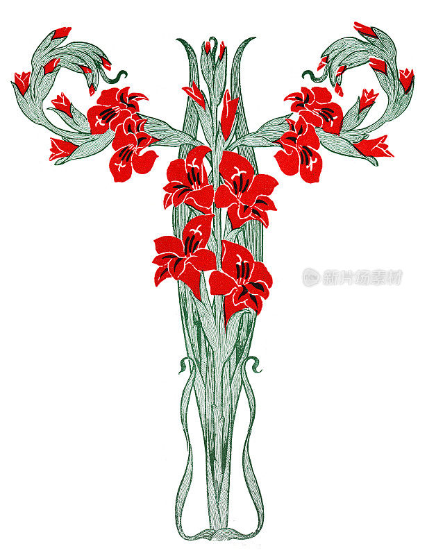 1899年新艺术设计元素为装饰绘画《红花》