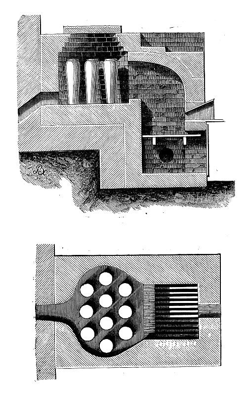 19世纪工业、技术和工艺的仿古插画:冶金炼钢炉