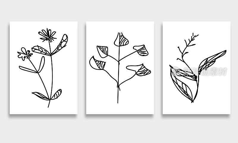 集手绘线条风格植物，涂鸦设计元素旗帜背景