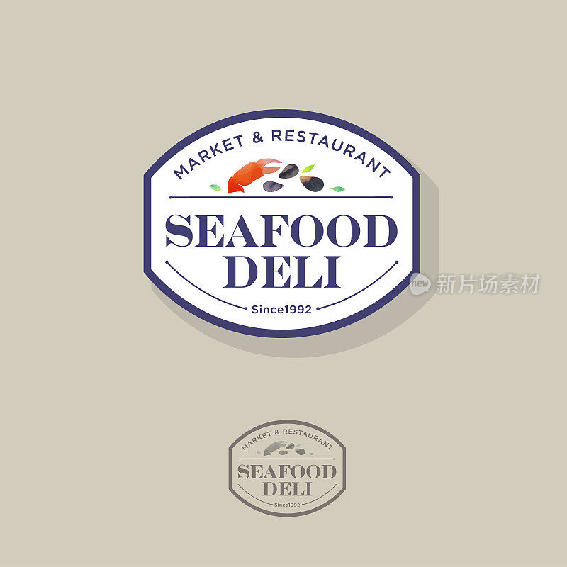 海鲜餐厅及市场标志。白色的招牌，上面有蟹爪、龙虾爪、贝壳和香料。水彩插图。