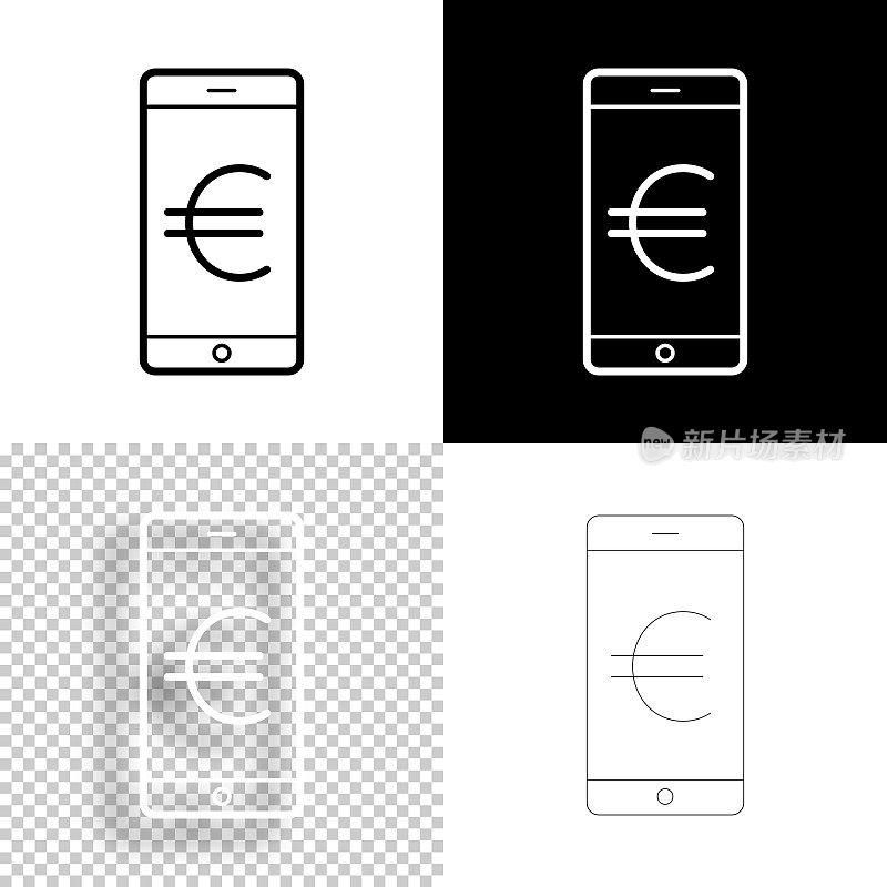 带有欧元标志的智能手机。图标设计。空白，白色和黑色背景-线图标