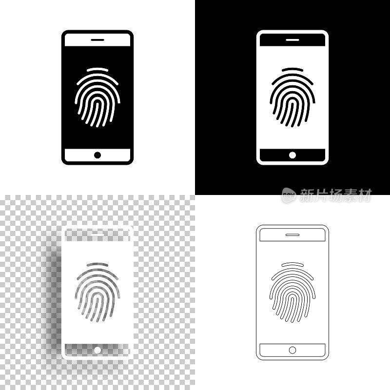智能手机与指纹。图标设计。空白，白色和黑色背景-线图标