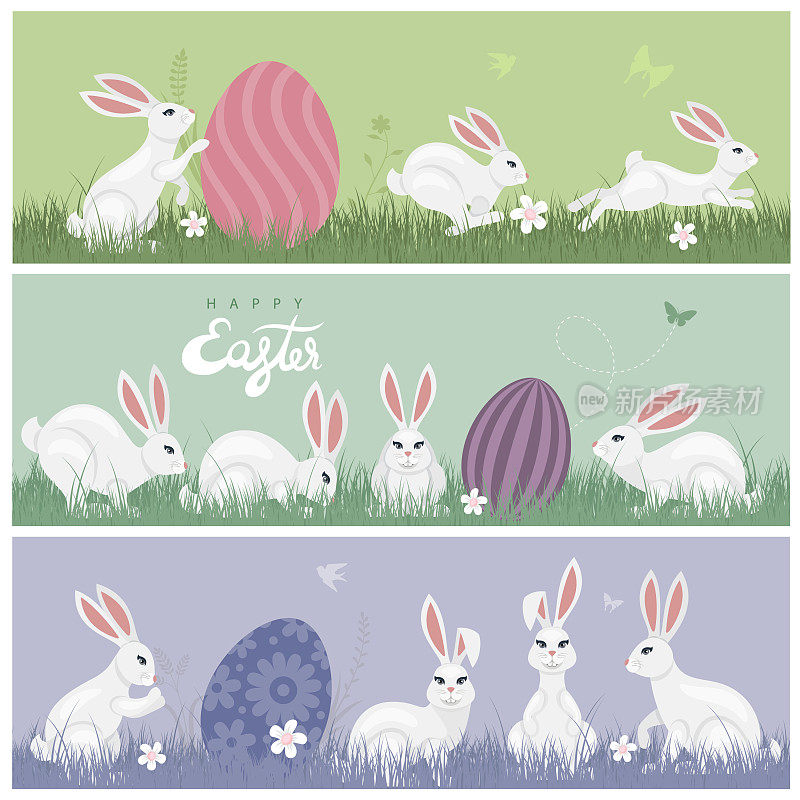 印有兔子的复活节横幅。彩蛋。