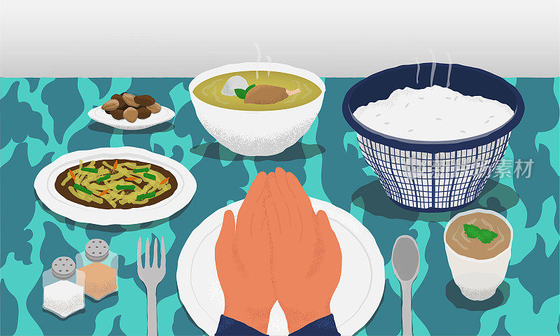 在斋月期间用印尼菜在早餐前祈祷双手