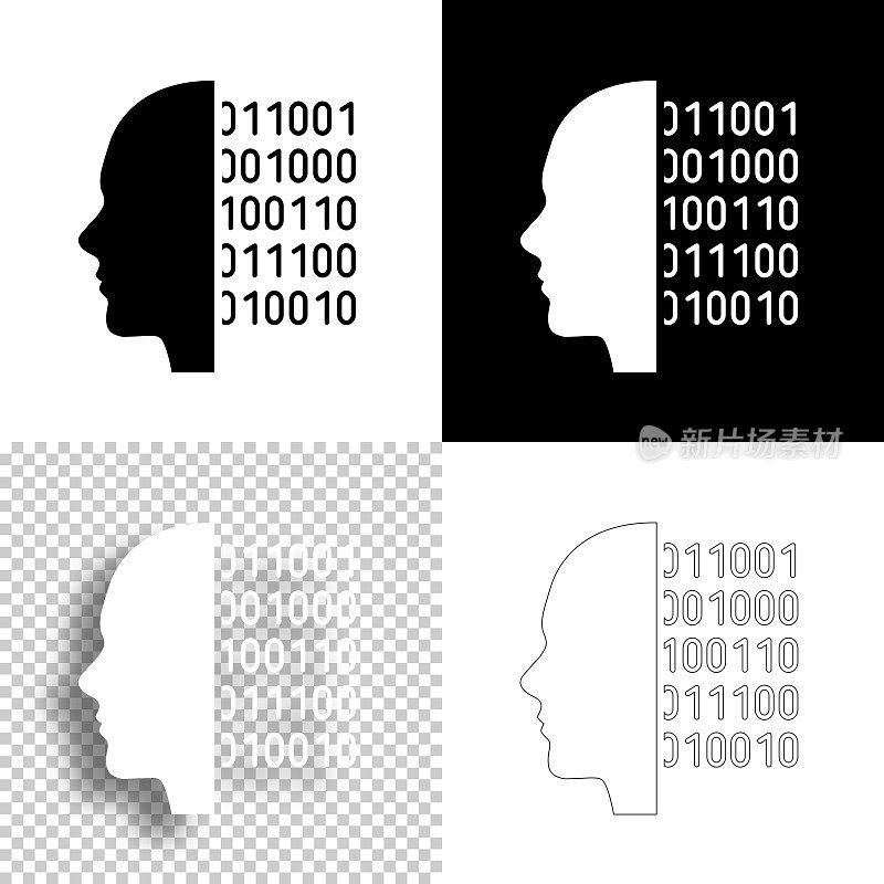 人脸与二进制代码。图标设计。空白，白色和黑色背景-线图标