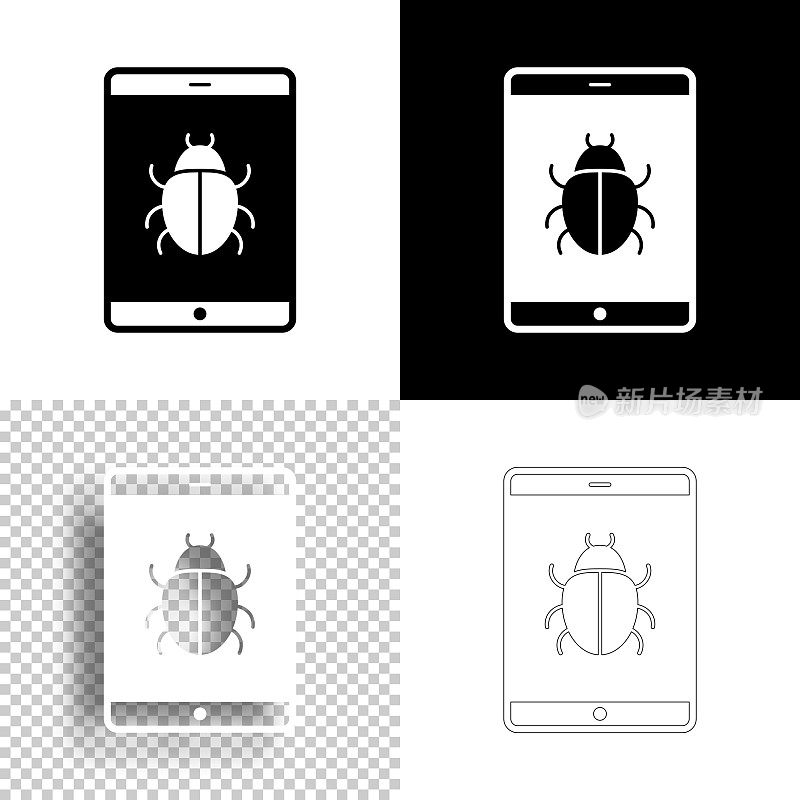 平板电脑有bug。图标设计。空白，白色和黑色背景-线图标