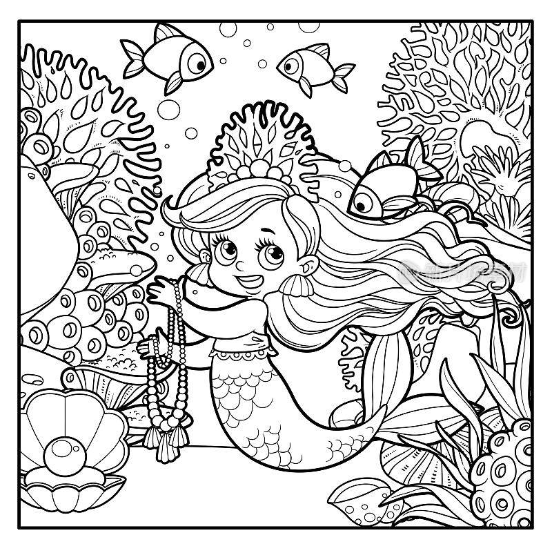 可爱的小美人鱼女孩在珊瑚头饰，持有长珍珠项链概述着色页在海底珊瑚和藻类背景