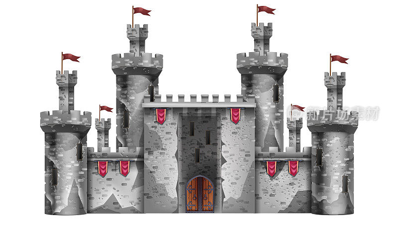 中世纪城堡，魔幻奇幻孤立的白色堡垒，矢量石宫殿游戏插图。
