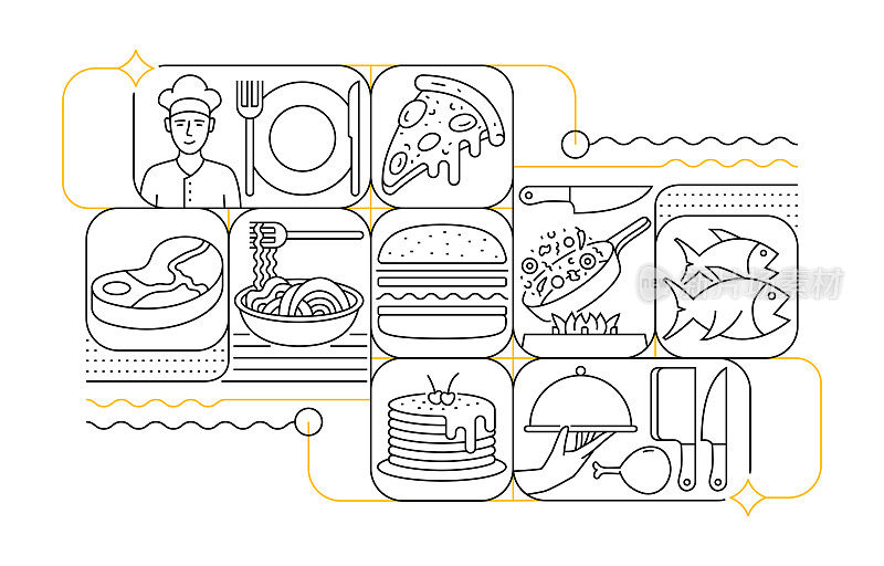 餐厅和食品线图标设置和横幅设计
