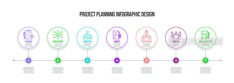 项目规划概念矢量线信息图形设计图标。7选项或步骤的介绍，横幅，工作流程布局，流程图等。