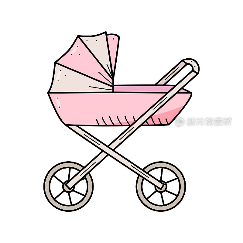 婴儿车行走卡通涂鸦风格。矢量插图摇篮新生儿。