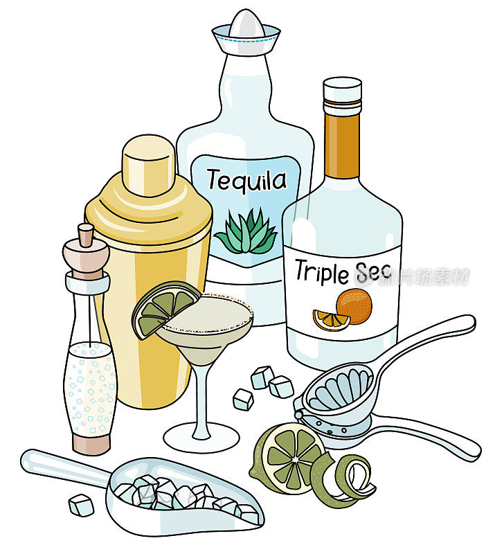 涂鸦卡通玛格丽塔鸡尾酒和成分组成。一瓶银龙舌兰酒，三秒，金摇壶，盐，酸橙和冰勺。为酒吧菜单，贴纸或酒精烹饪书食谱。