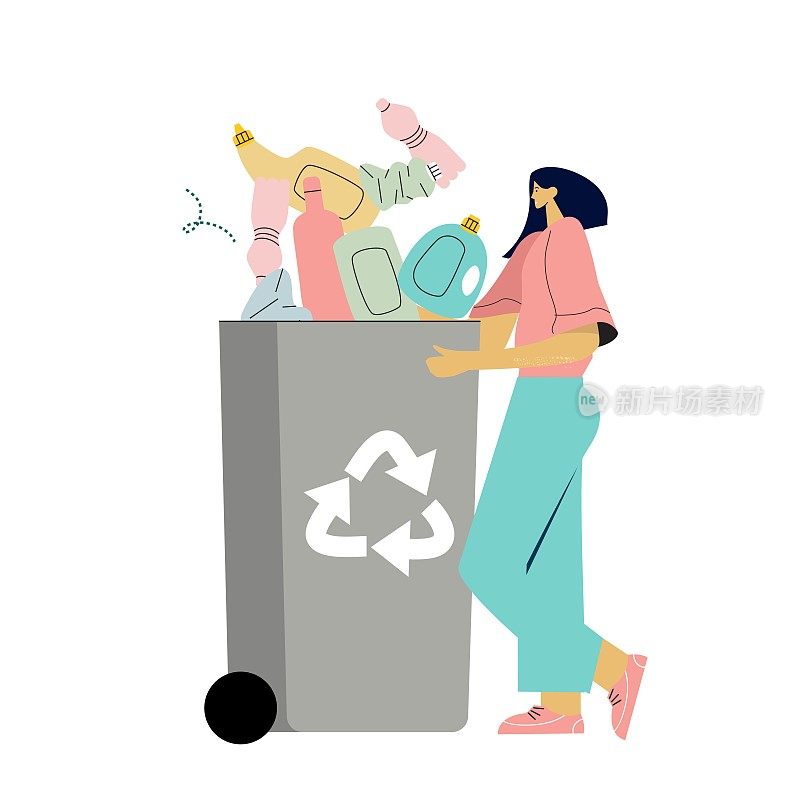 回收垃圾平面矢量插图。妇女将塑料垃圾分类放入可回收垃圾箱。塑料污染问题概念。