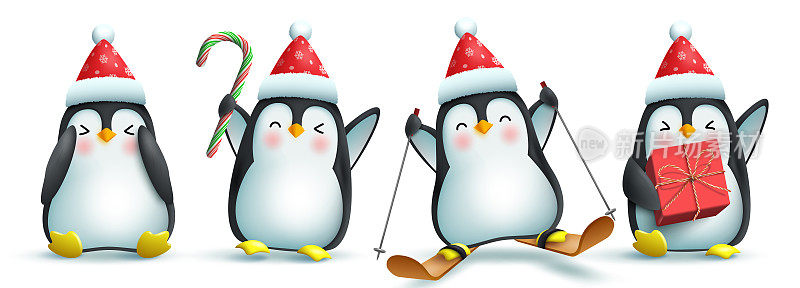 企鹅圣诞字符向量集。企鹅3d角色在可爱和友好的脸与圣诞帽，礼物和滑板元素的圣诞系列设计。