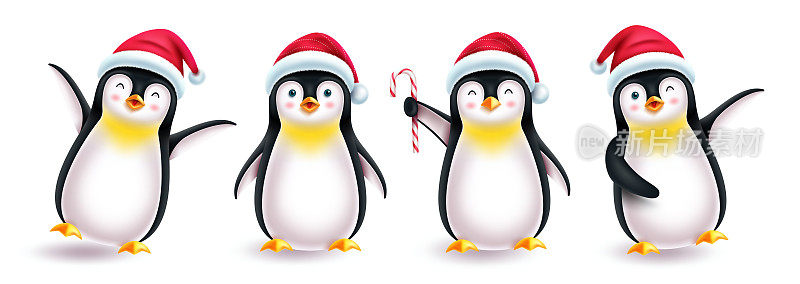 企鹅圣诞字符向量集。企鹅3d角色在友好和可爱的姿态和手势与圣诞老人的帽子孤立在白色背景的圣诞节集合设计。