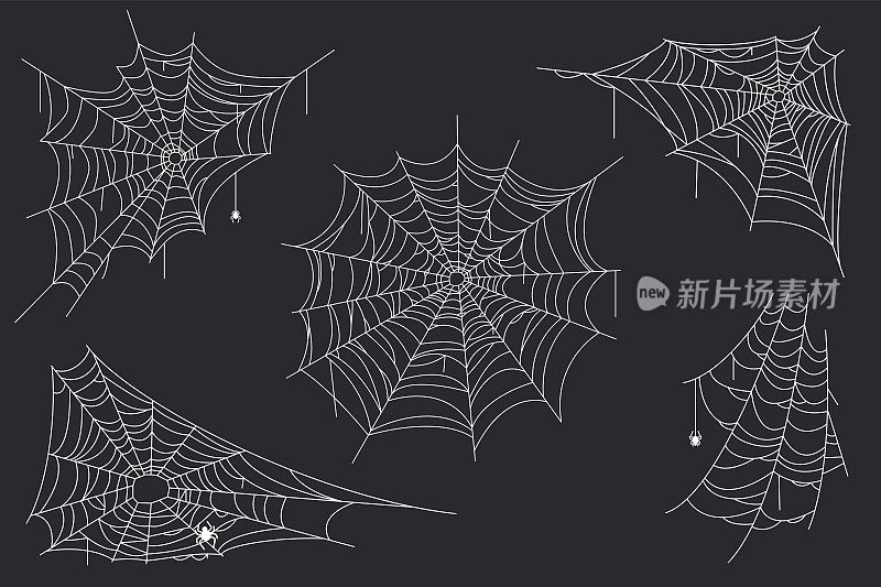 蜘蛛网特写黑色背景，万圣节蜘蛛网幽灵陷阱卡通蜘蛛网昆虫线在角落旧网蛛网，巧妙的矢量插图蛛网和蜘蛛网。被遗弃的蜘蛛网。