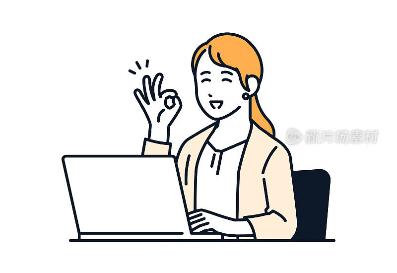 矢量插图材料的一个女人在西装给一个OK标志在笔记本电脑前