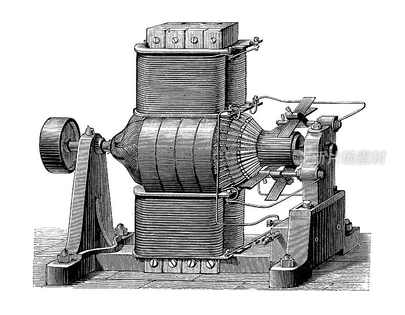 古董插图，物理原理和实验，电和磁:西门子和霍尔斯克机器