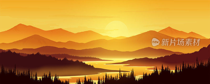 山地景观矢量插图。傍晚的松林和山的剪影与河流。