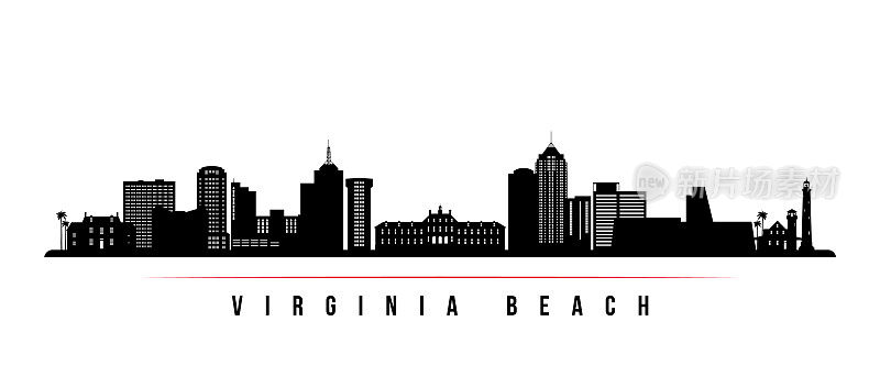 弗吉尼亚海滩天际线横条旗。弗吉尼亚州弗吉尼亚海滩的黑白剪影。为您的设计矢量模板。