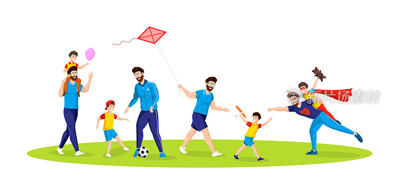 快乐父子夏日休闲户外活动集合。一家人一起放风筝、坐飞机、搭鸟屋、在公园散步、吃棉花糖、踢足球