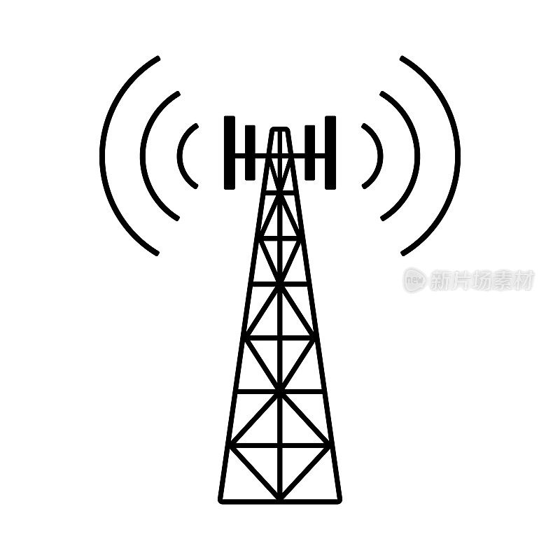电信塔图标。无线电广播传输，电信天线，调频象形图，5g电磁。卫星电话。黑色剪影，矢量图形插图