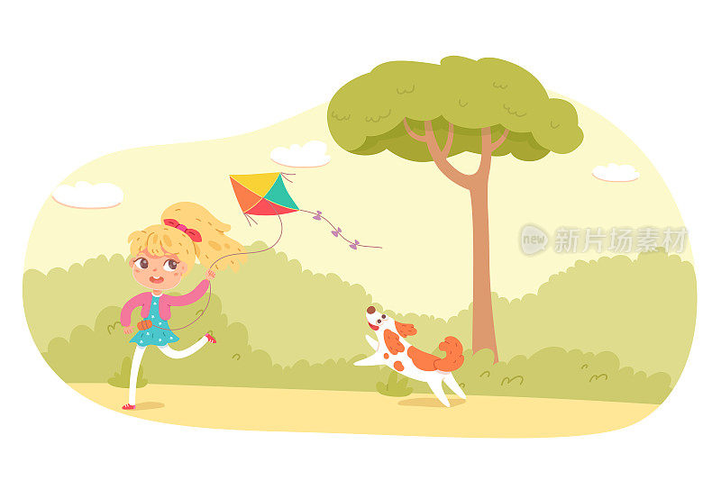 女孩在公园或操场上玩风筝和狗。快乐的孩子做户外夏季活动矢量插图。孩子带着玩具和宠物在大自然中奔跑。背景是树和花