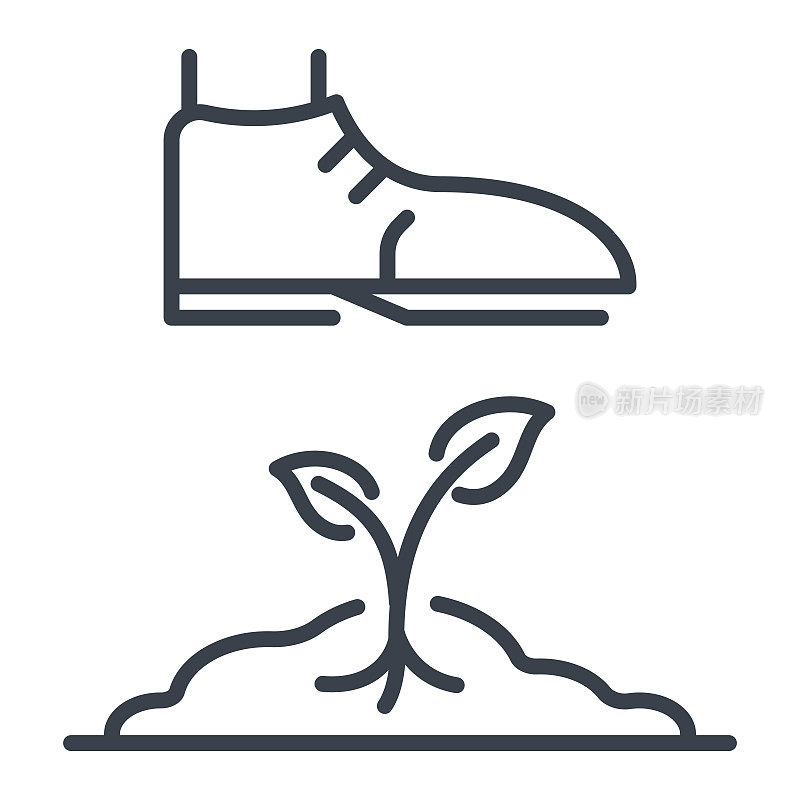 靴子踩着从地面长出的嫩芽，矢量孤立的平面图标，环保和破坏生态的设计元素。