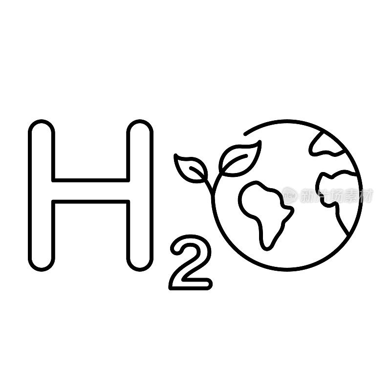 生态水化学公式与地球仪和叶线图标。生态水与地球线性象形图。自然环境世界H2O形状轮廓符号。可编辑的中风。孤立矢量图