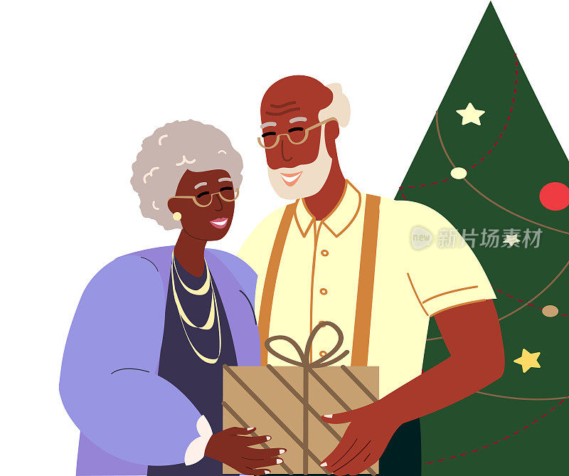 快乐的非洲老夫妇赠送礼物，一起庆祝圣诞节，新年。黑皮肤的人。节日气氛，装饰圣诞树。微笑的退休妇女，男人。平面矢量图