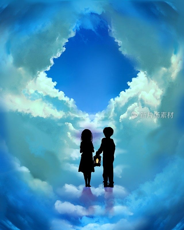 黑白剪纸风格的插图和幻想的风景背景，一个兄弟和一个害怕的妹妹与一盏灯徘徊在云通往天堂。