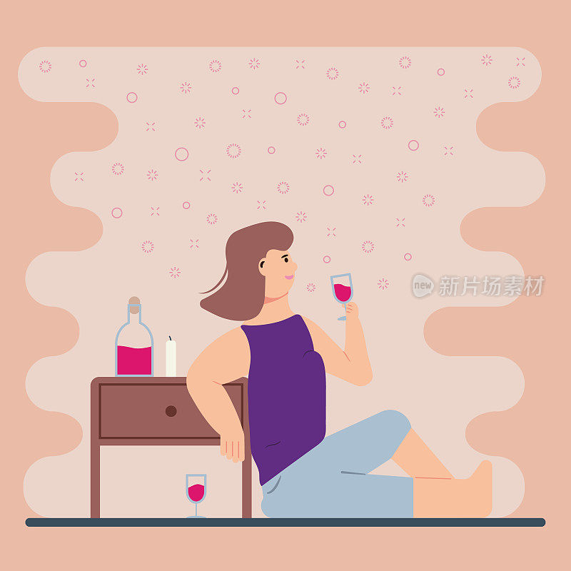 一个女人坐在地板上，手里拿着一杯酒。在舒适的房子里度过时光。平面向量插图。