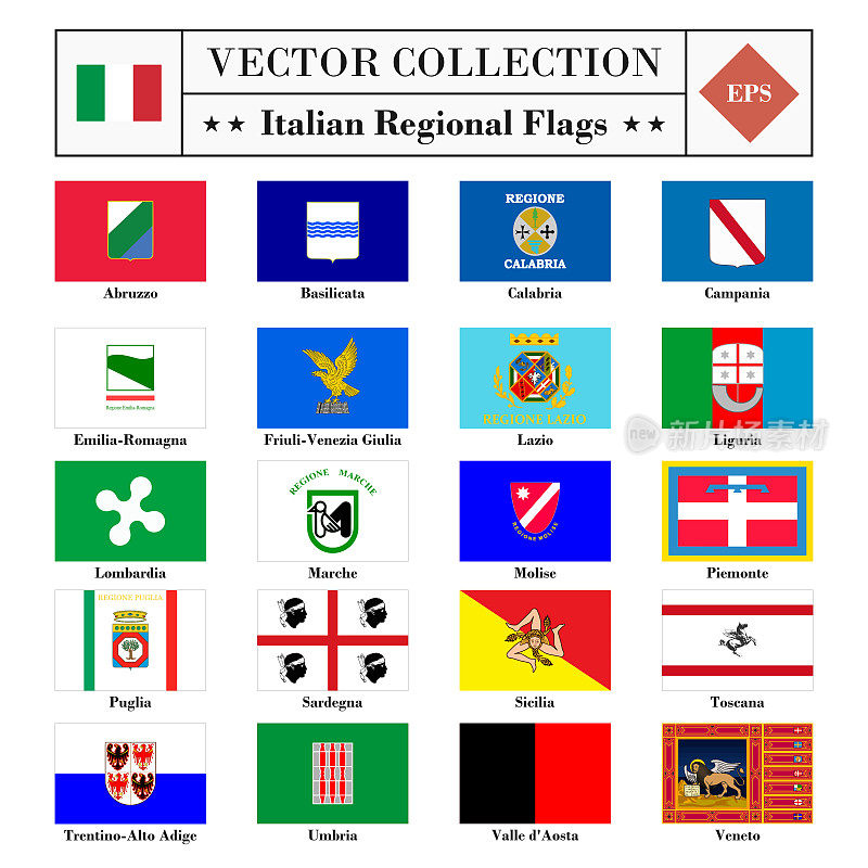 意大利地区旗帜孤立向量集合