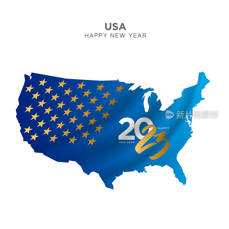 美国地图新年概念设计。2023新年好概念广告，横幅，传单和传单。矢量插图。