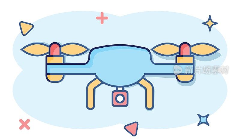 无人机四轴飞行器图标在漫画风格。四轴飞行器相机矢量卡通插图在白色孤立的背景。直升机飞行商业理念溅射效应。