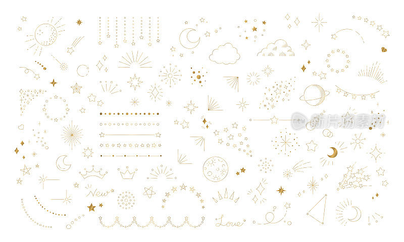 星空插画套装，空间主题设计装饰，璀璨星空，白色底色金色线条绘制。