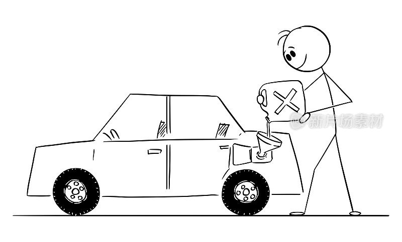 人加油出汽油车从汽油罐，矢量卡通棍图插图