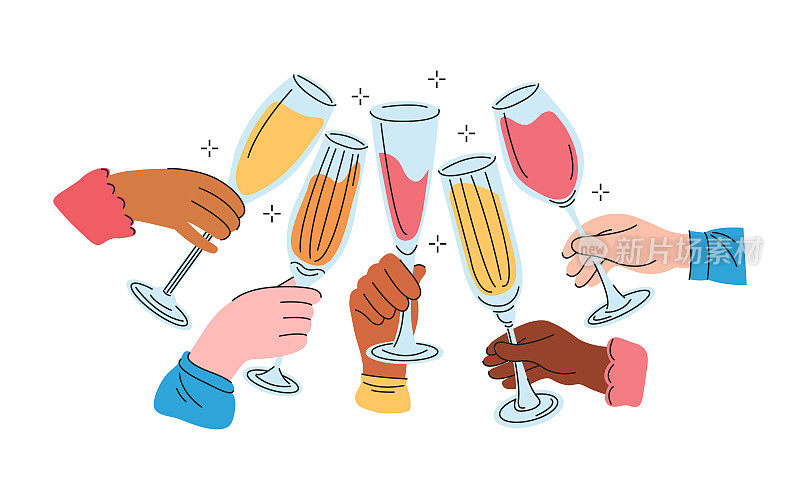 来自不同国家的人们一起喝起泡酒或香槟。朋友们手握酒杯，鸡尾酒，干杯或举杯，为友谊干杯。彩色图形平面矢量插图