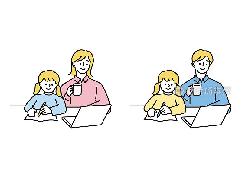 父母和孩子的插图。学习，玩耍，放松，回家。