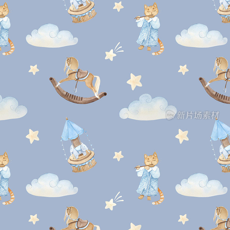 水彩图案与复古可爱的童话猫，旋转木马，摇摆马，云，星星在蓝色的背景