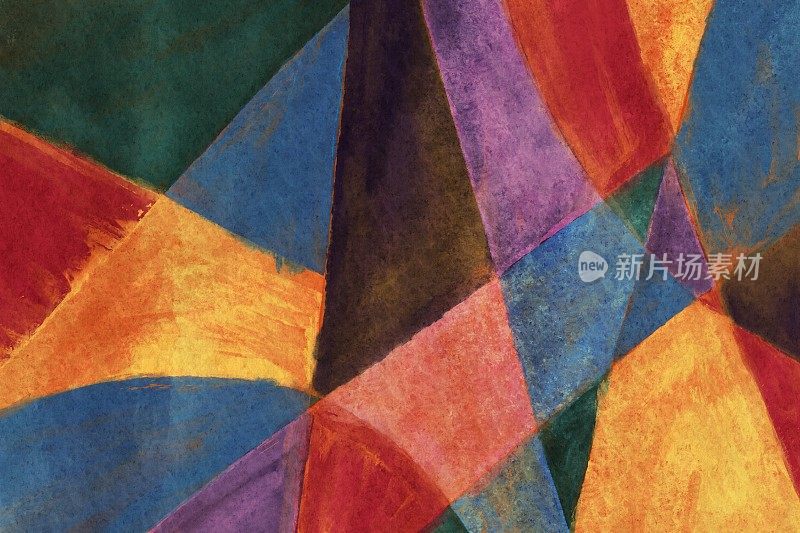 多色画几何抽象艺术背景。黄、绿、红、紫的复古和色彩斑斓的组合。