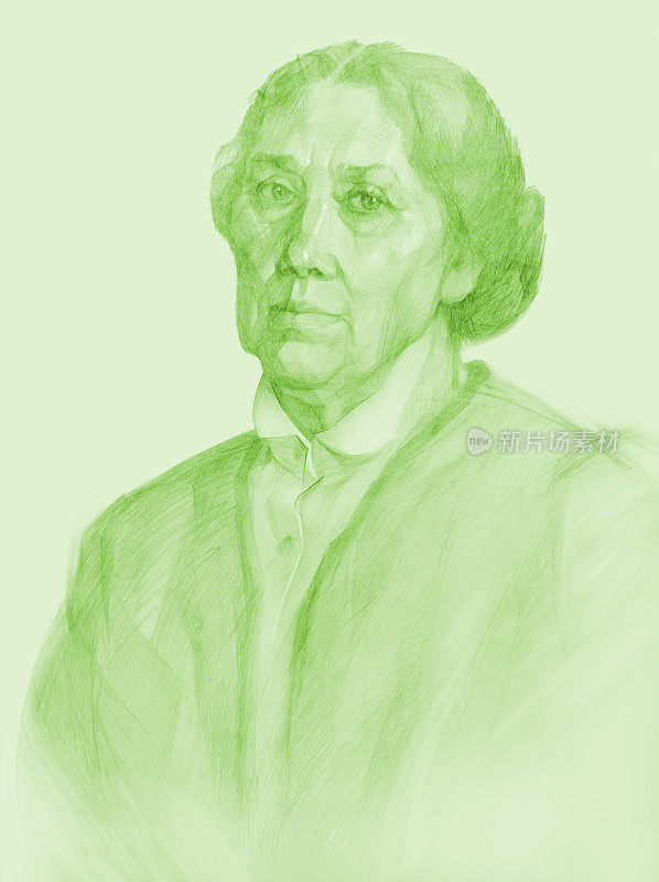插图铅笔画在绿色肖像的老年妇女在白色衬衫的衣领和羊毛夹克