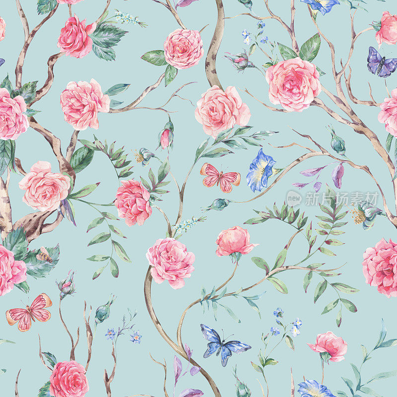 水彩画花园玫瑰花束，盛开的树无缝图案，中国风花卉纹理上的蓝色